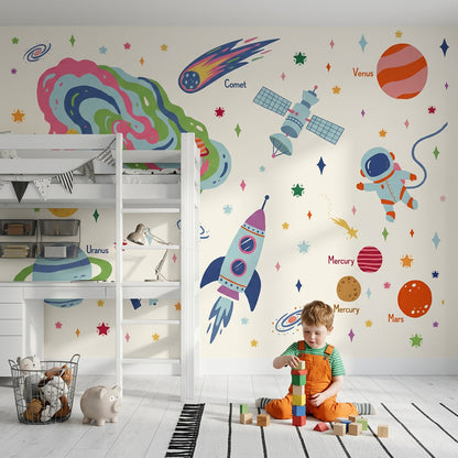 Uzay Temalı Poster Duvar Kağıdı Renkli Çocuk Odası Duvar Muralı