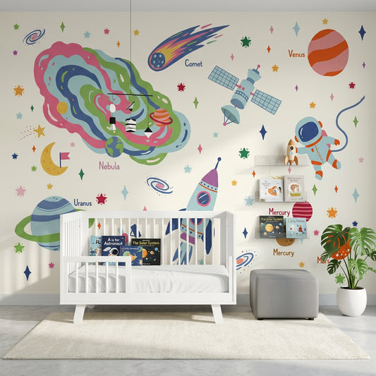 Uzay Temalı Poster Duvar Kağıdı Renkli Çocuk Odası Duvar Muralı