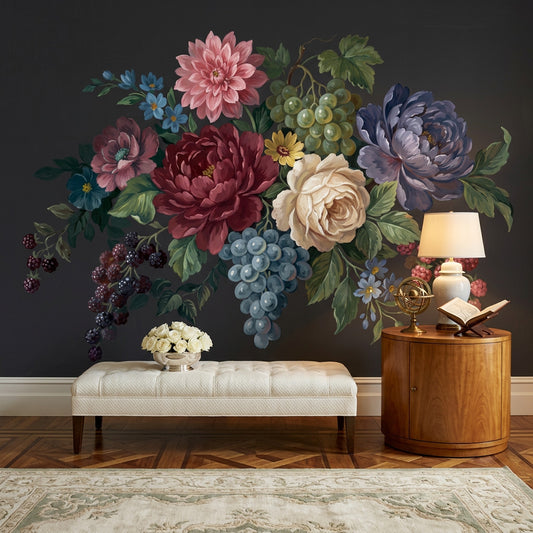 Koyu Zeminde Çiçek ve Üzümlü Poster Duvar Kağıdı Salon