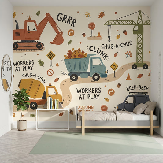 İnşaat Araçlı Poster Duvar Kağıdı Çocuk Odası Çizimli Desen
