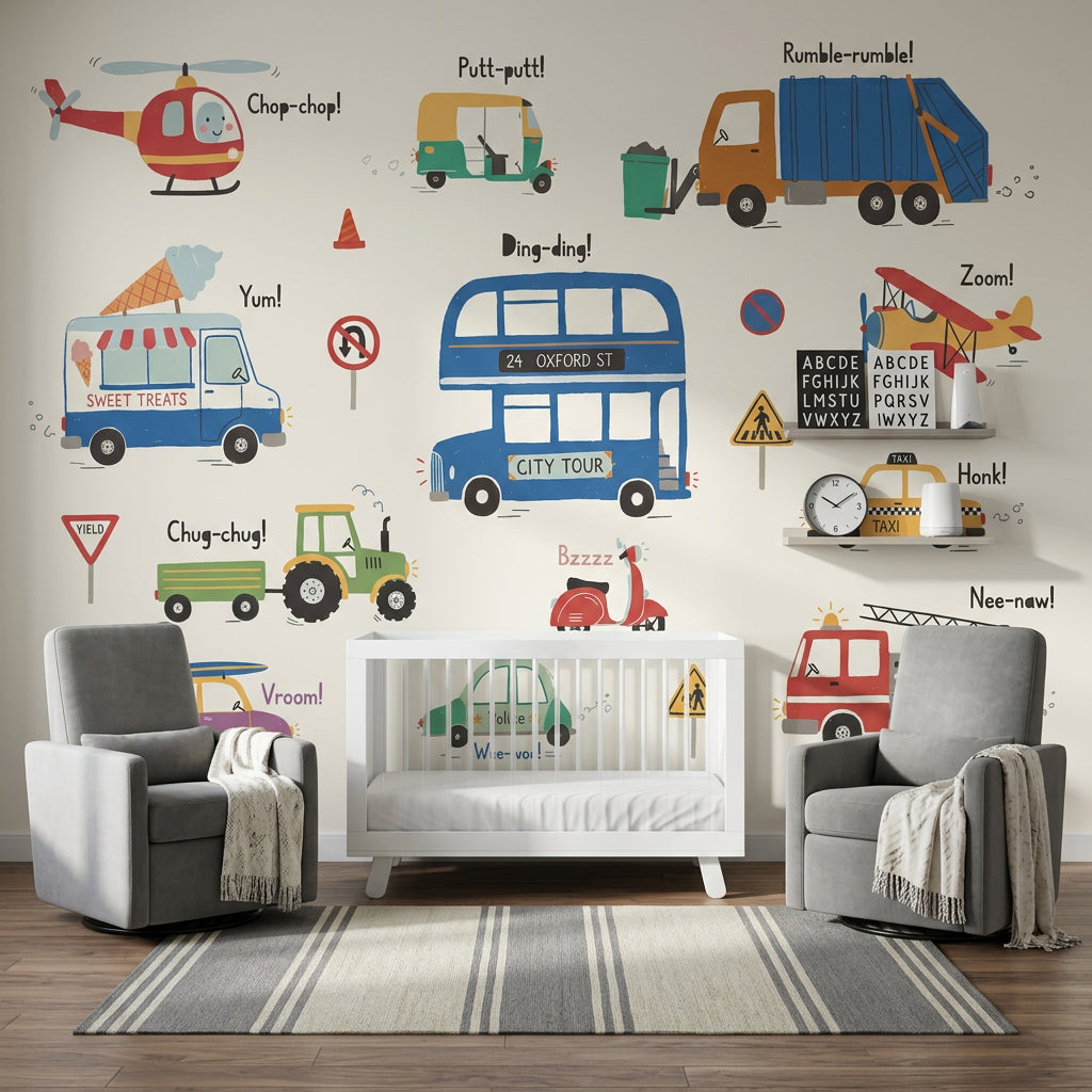 Araçlı Poster Duvar Kağıdı Renkli Çocuk Odası Desenli