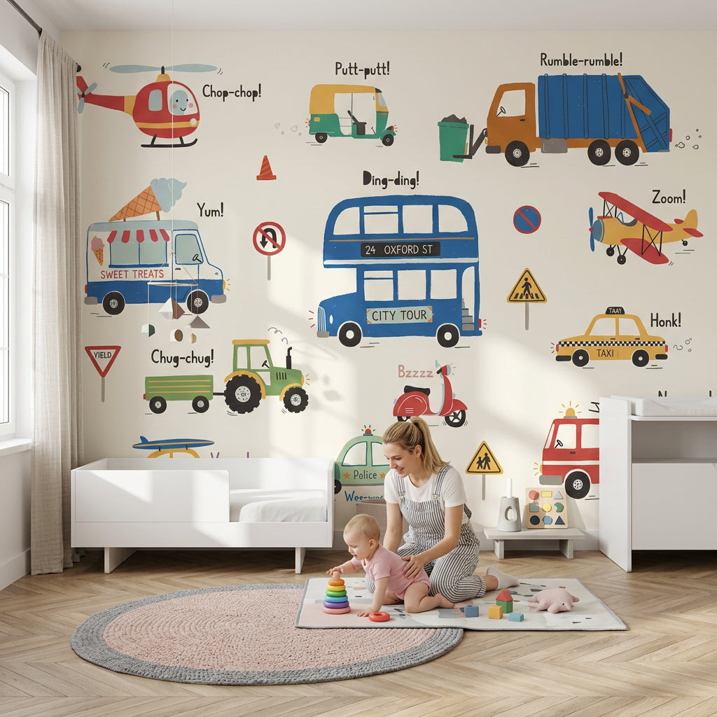 Araçlı Poster Duvar Kağıdı Renkli Çocuk Odası Desenli