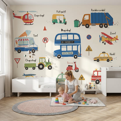 Araçlı Poster Duvar Kağıdı Renkli Çocuk Odası Desenli