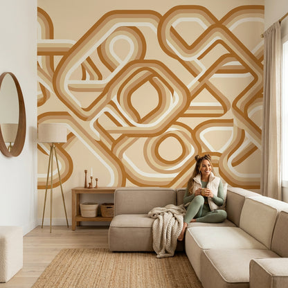 Geometrik Retro Poster Duvar Kağıdı Bej Kahverengi Salon