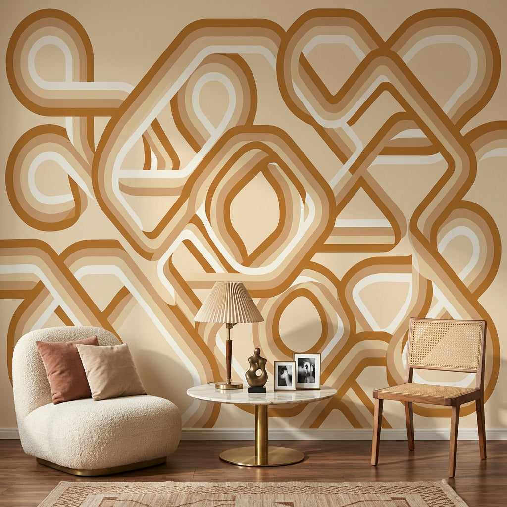 Geometrik Retro Poster Duvar Kağıdı Bej Kahverengi Salon