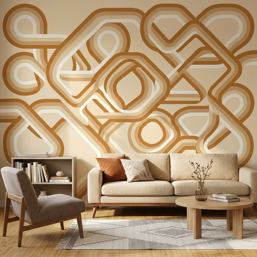 Geometrik Retro Poster Duvar Kağıdı Bej Kahverengi Salon