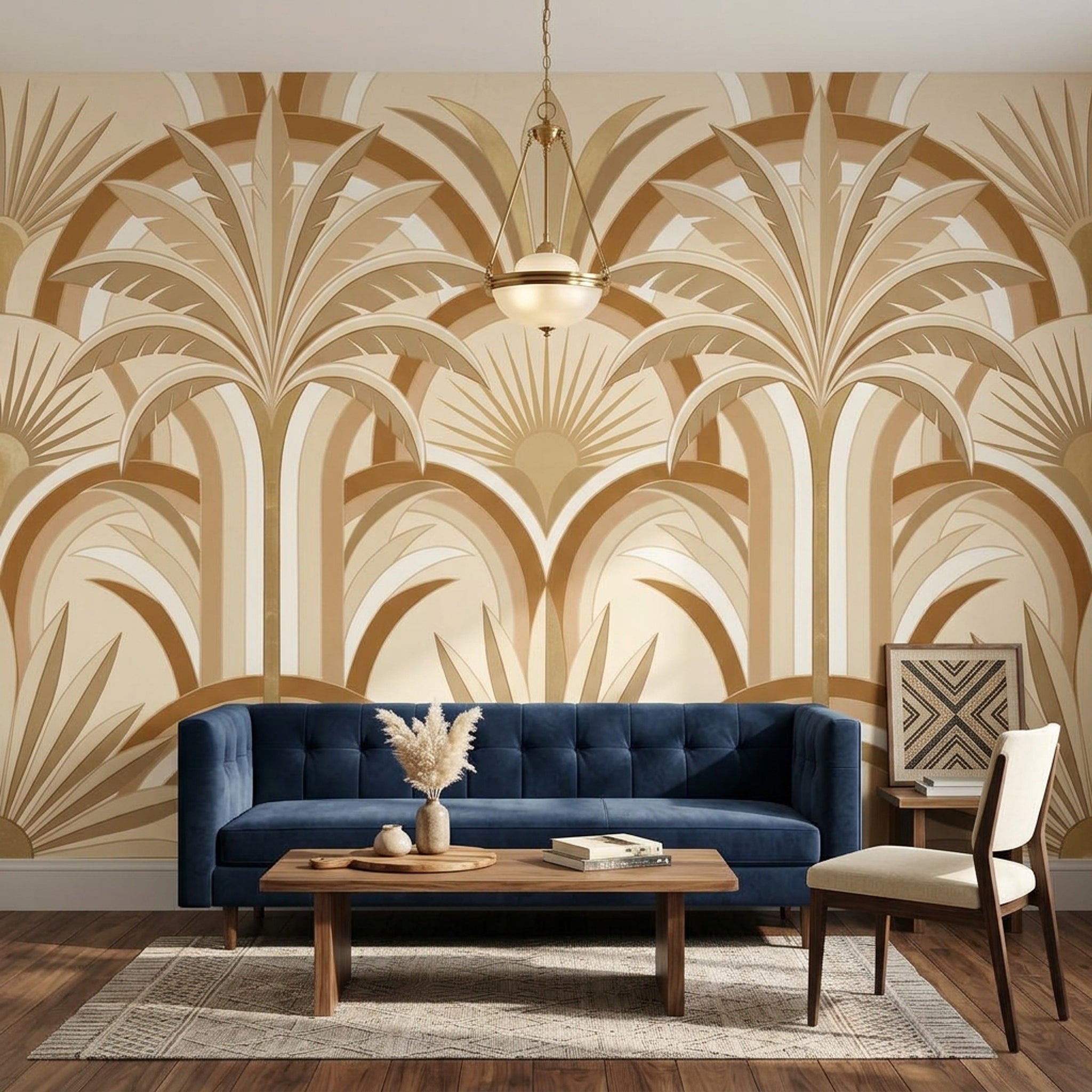 Art Deco Palmiye Yapraklı Poster Duvar Kağıdı Bej Kahve Salon