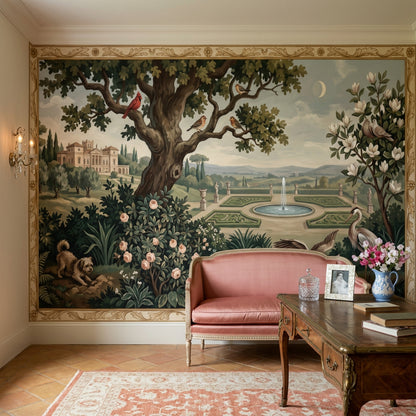 Kuşlu Kır Manzaralı Poster Duvar Kağıdı Yeşil Klasik Salon