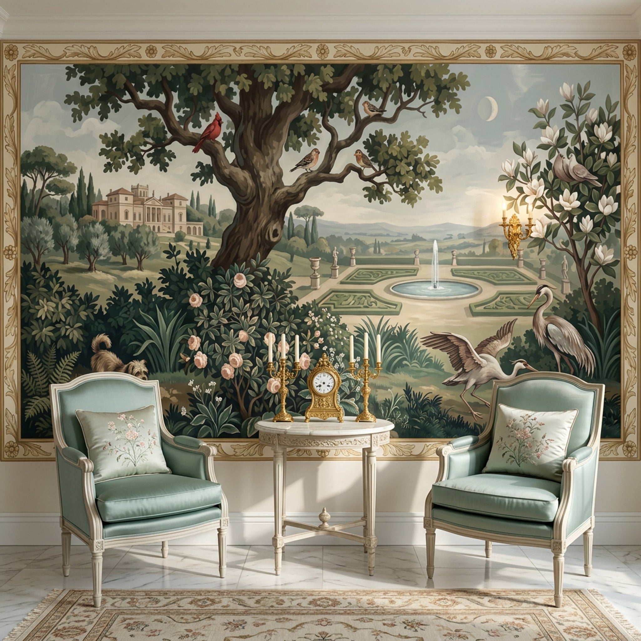 Kuşlu Kır Manzaralı Poster Duvar Kağıdı Yeşil Klasik Salon