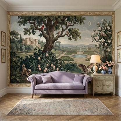 Kuşlu Kır Manzaralı Poster Duvar Kağıdı Yeşil Klasik Salon