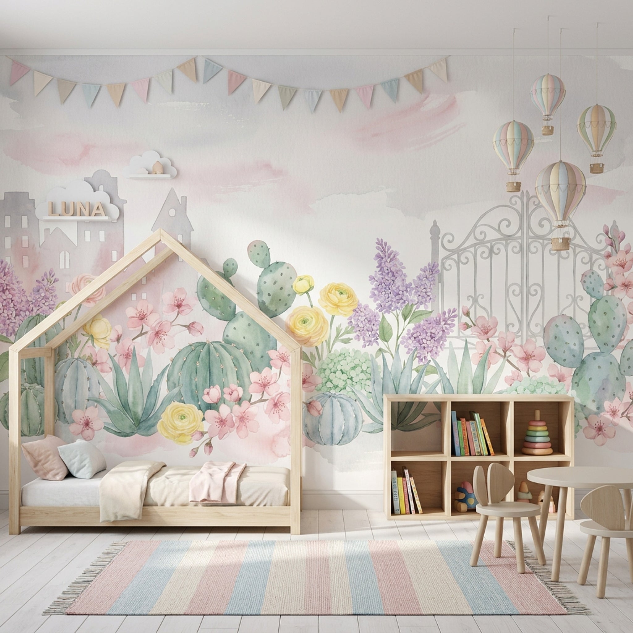 Kaktüs ve Çiçekli Poster Duvar Kağıdı Pastel Çocuk Odası