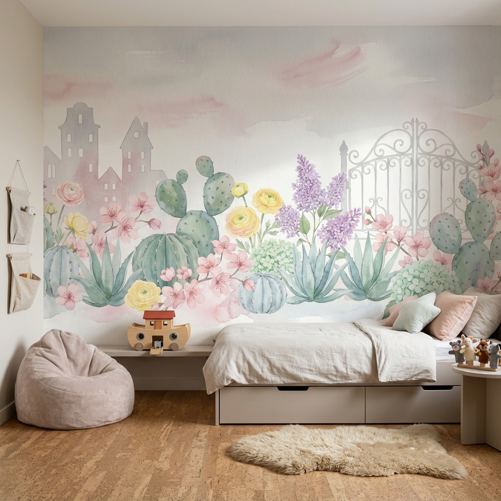 Kaktüs ve Çiçekli Poster Duvar Kağıdı Pastel Çocuk Odası