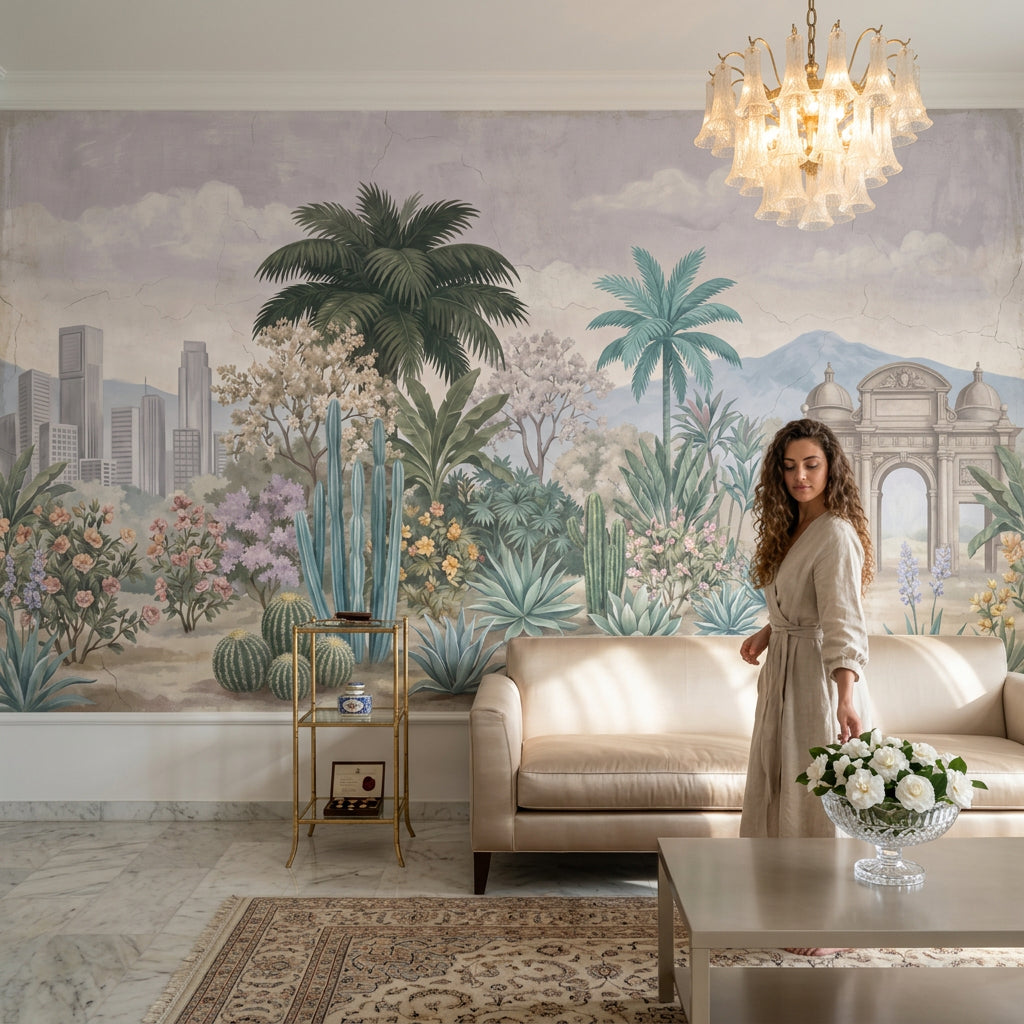 Tropikal Bahçe Manzaralı Poster Duvar Kağıdı Pastel Yeşil Salon