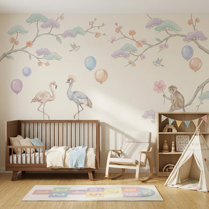 Pastel Orman Hayvanlı Poster Duvar Kağıdı Çocuk Odası Desenli