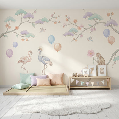 Pastel Orman Hayvanlı Poster Duvar Kağıdı Çocuk Odası Desenli