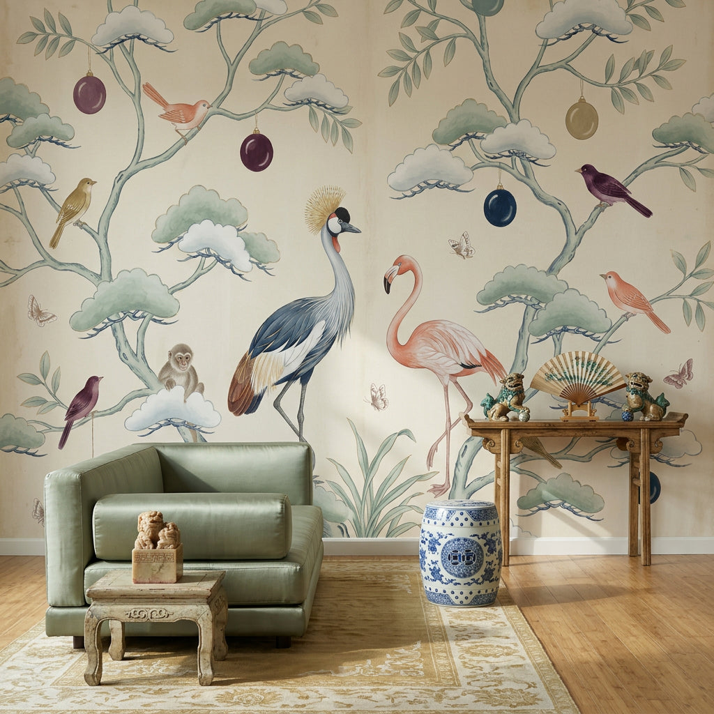 Kuş ve Flamingo Desenli Poster Duvar Kağıdı Bej Salon