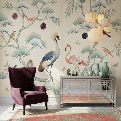 Kuş ve Flamingo Desenli Poster Duvar Kağıdı Bej Salon