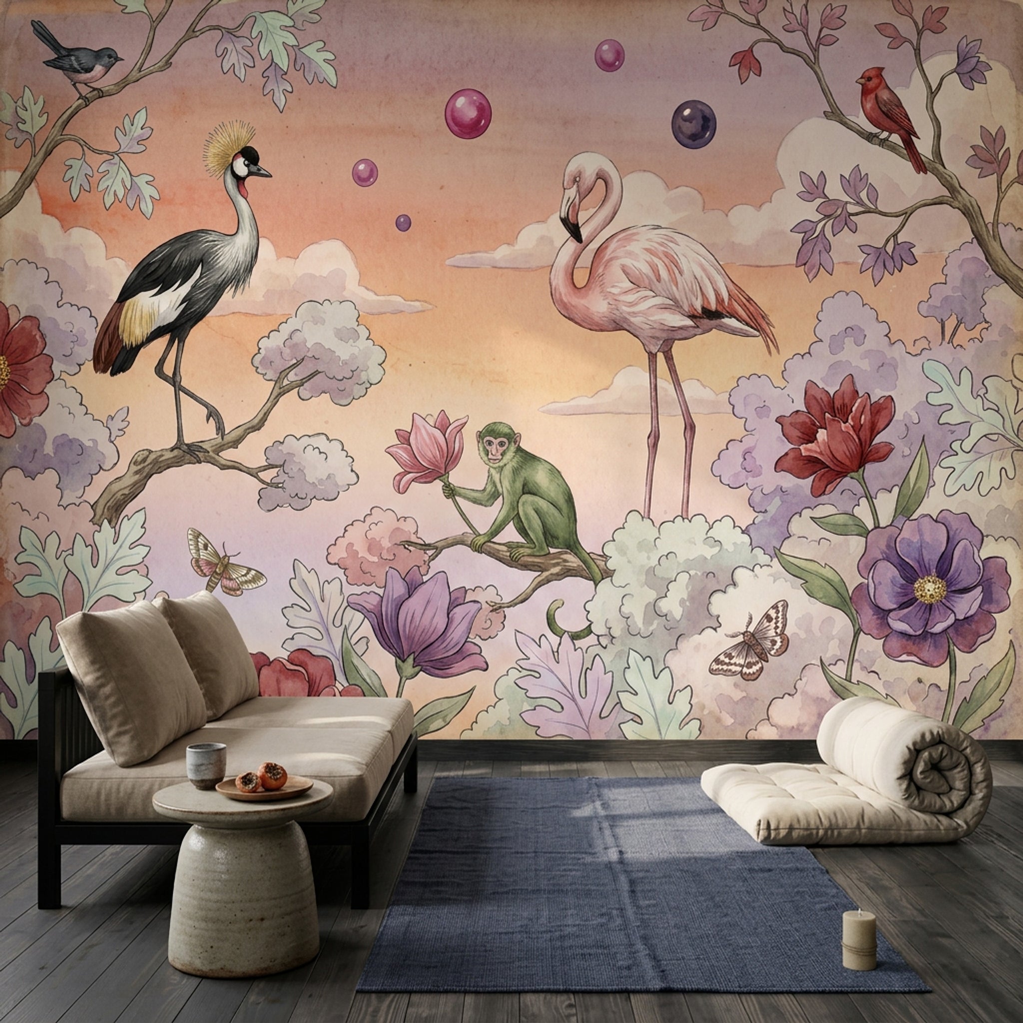 Kuş ve Flamingolu Poster Duvar Kağıdı Pastel Doğa Manzarası