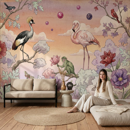 Kuş ve Flamingolu Poster Duvar Kağıdı Pastel Doğa Manzarası