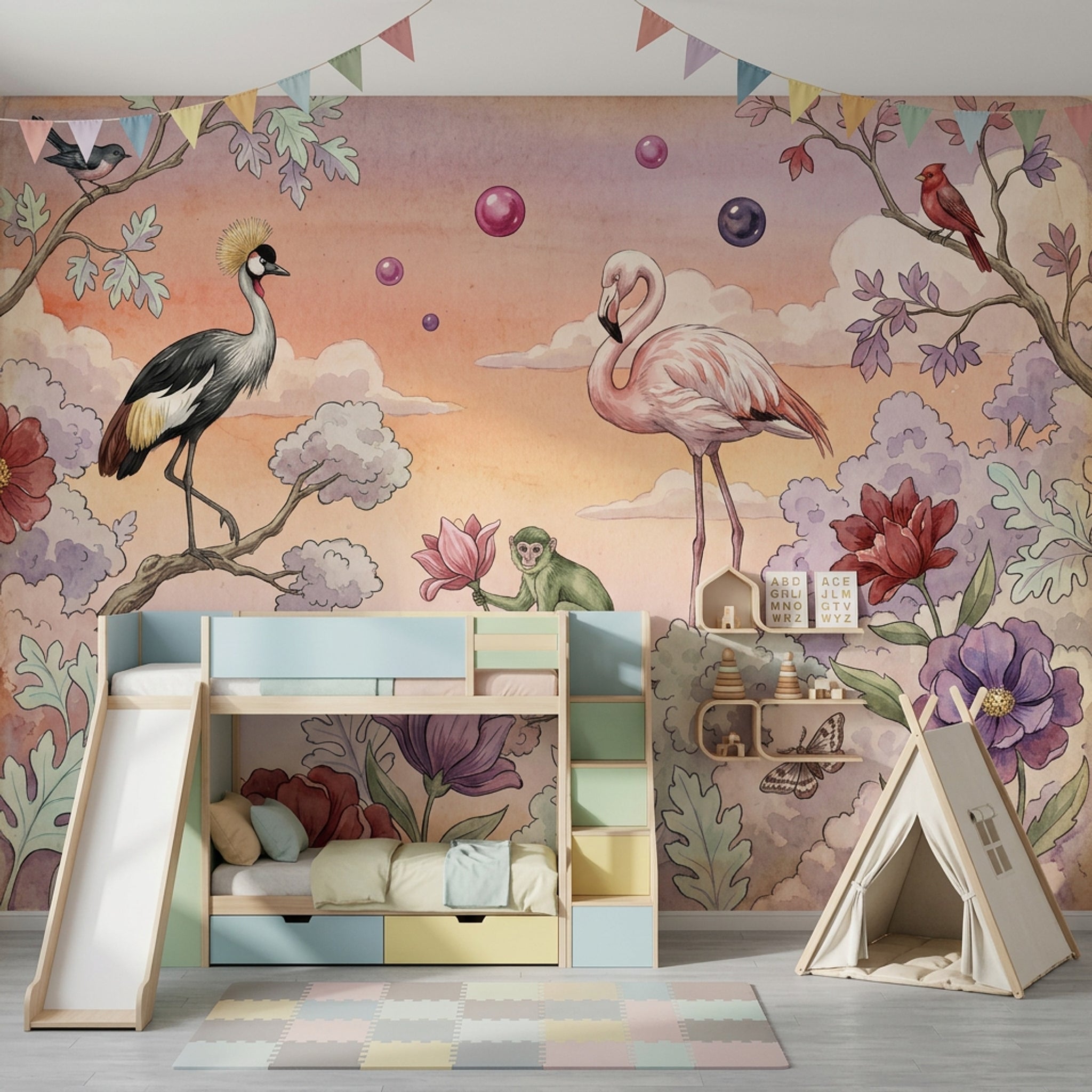Kuş ve Flamingolu Poster Duvar Kağıdı Pastel Doğa Manzarası