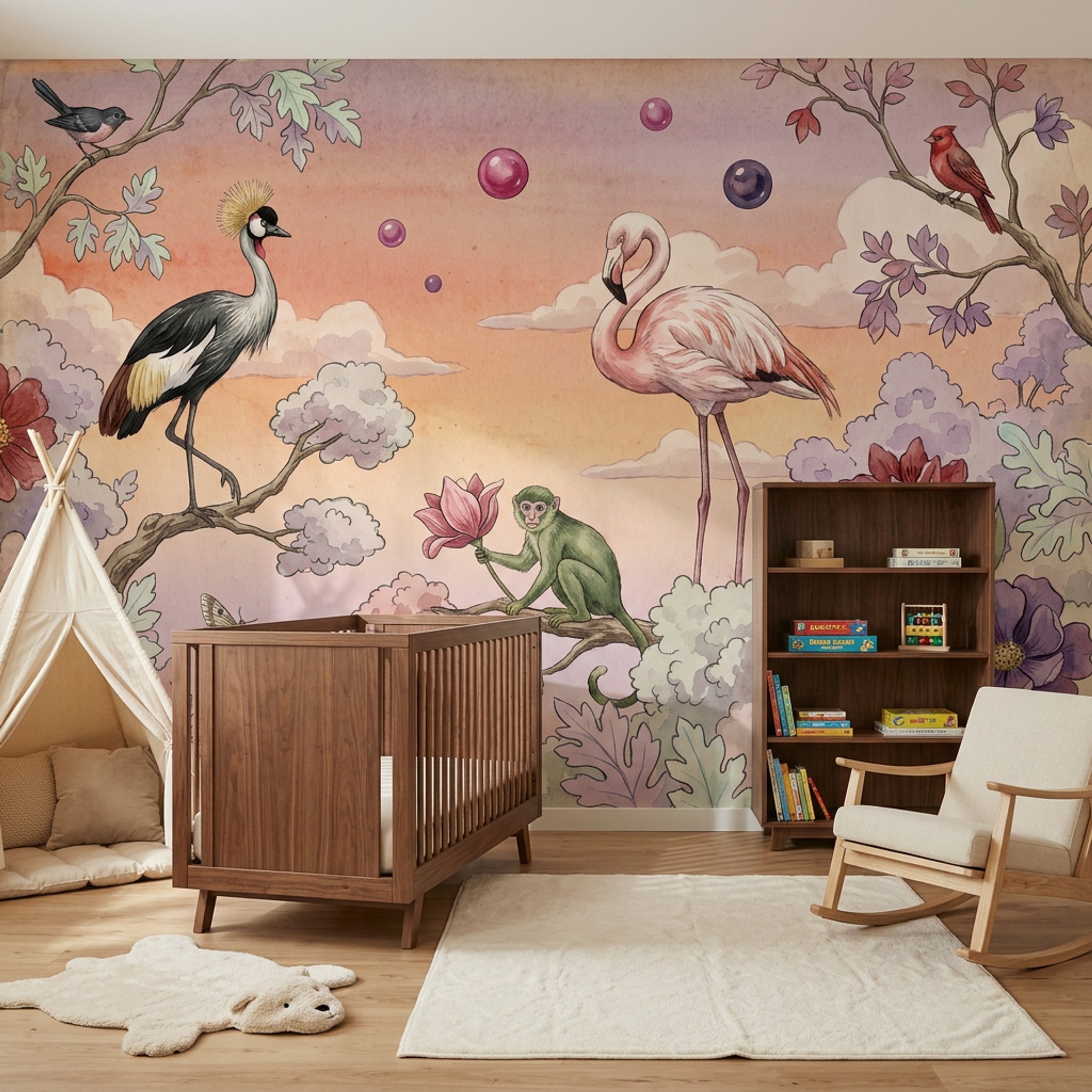 Kuş ve Flamingolu Poster Duvar Kağıdı Pastel Doğa Manzarası