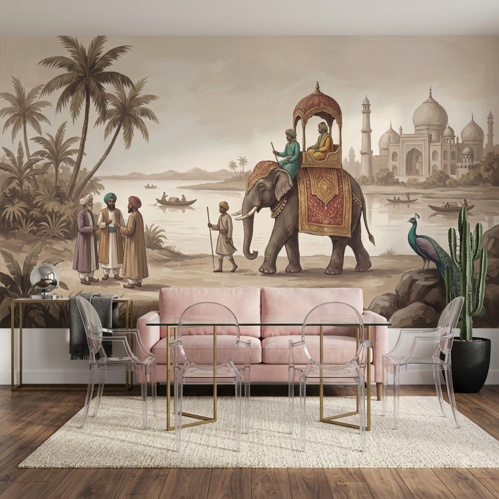 Fil ve Saray Manzaralı Poster Duvar Kağıdı Bej Salon