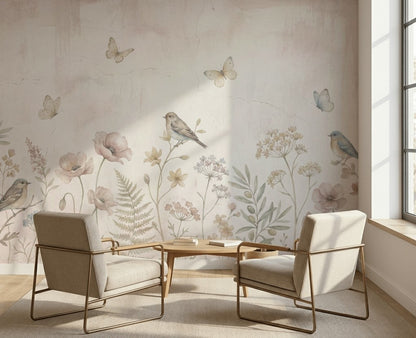 Kuş ve Çiçek Desenli Poster Duvar Kağıdı Pastel Bej Salon