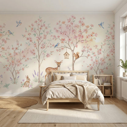 Çiçekli Orman Hayvanlı Poster Duvar Kağıdı Pastel Çocuk Odası