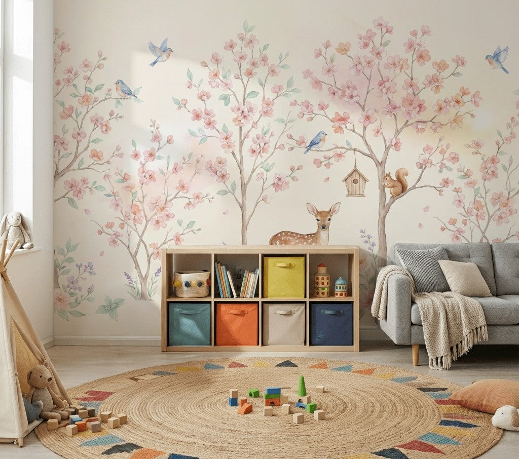 Çiçekli Orman Hayvanlı Poster Duvar Kağıdı Pastel Çocuk Odası