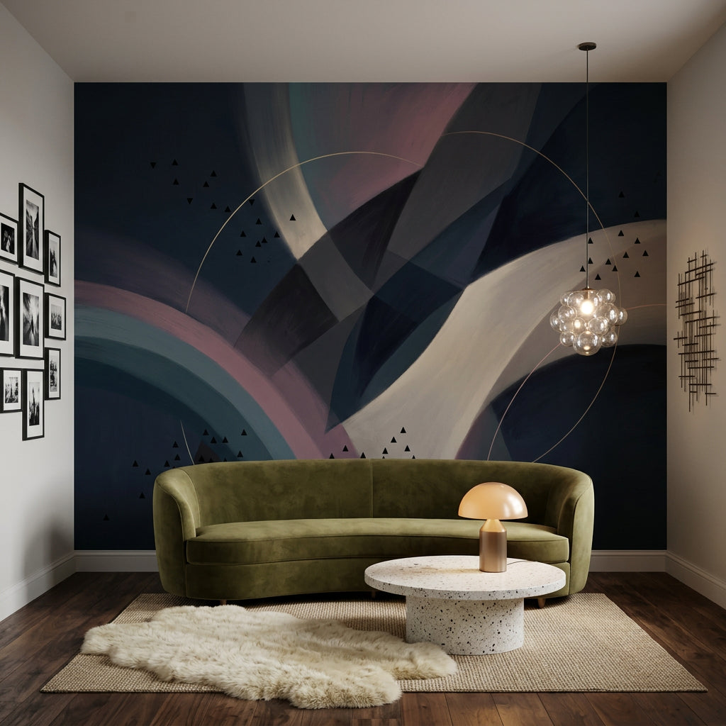Modern Soyut Geometrik Poster Duvar Kağıdı Lacivert Krem Salon