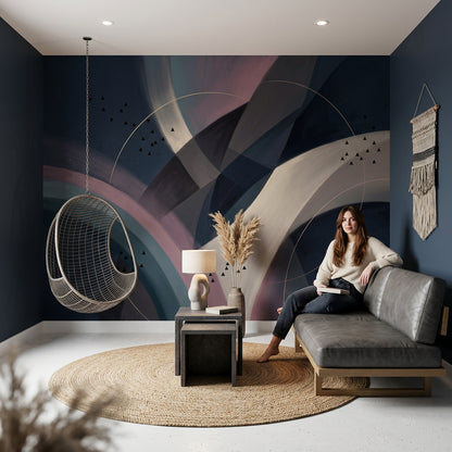 Modern Soyut Geometrik Poster Duvar Kağıdı Lacivert Krem Salon