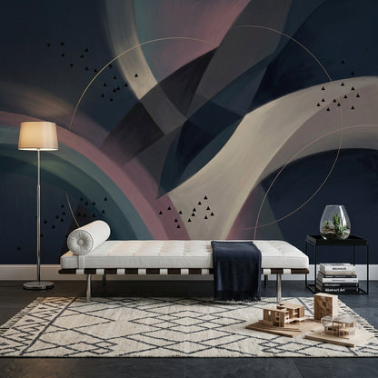 Modern Soyut Geometrik Poster Duvar Kağıdı Lacivert Krem Salon