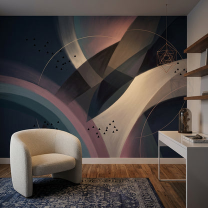 Modern Soyut Geometrik Poster Duvar Kağıdı Lacivert Krem Salon