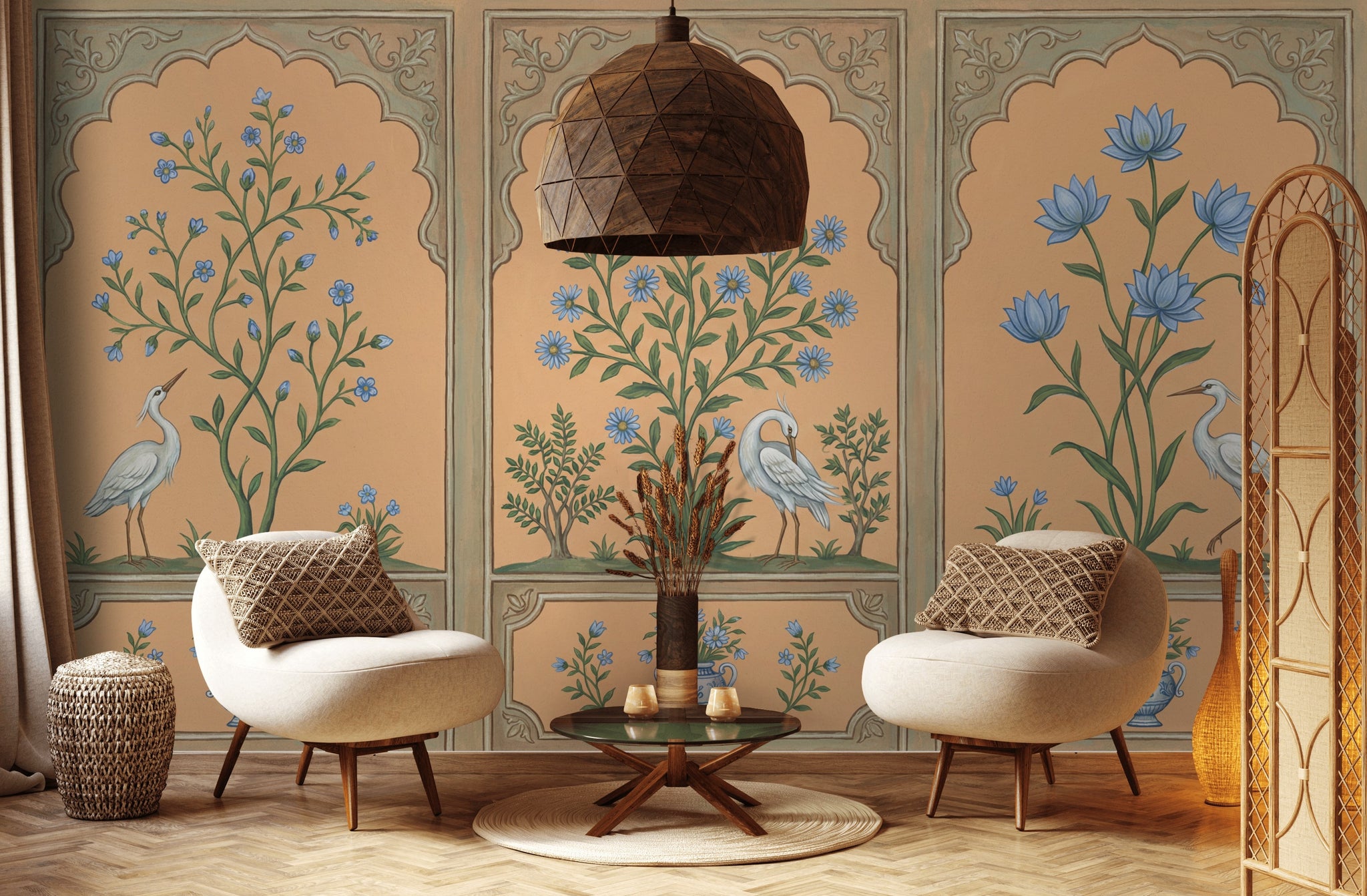 Kuş ve Çiçekli Poster Duvar Kağıdı Bej Klasik Salon