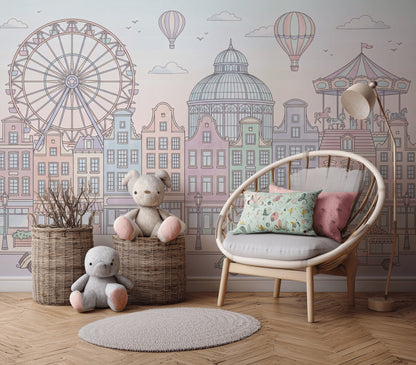 Pastel Şehir Manzaralı Poster Duvar Kağıdı Çocuk Odası Balonlu