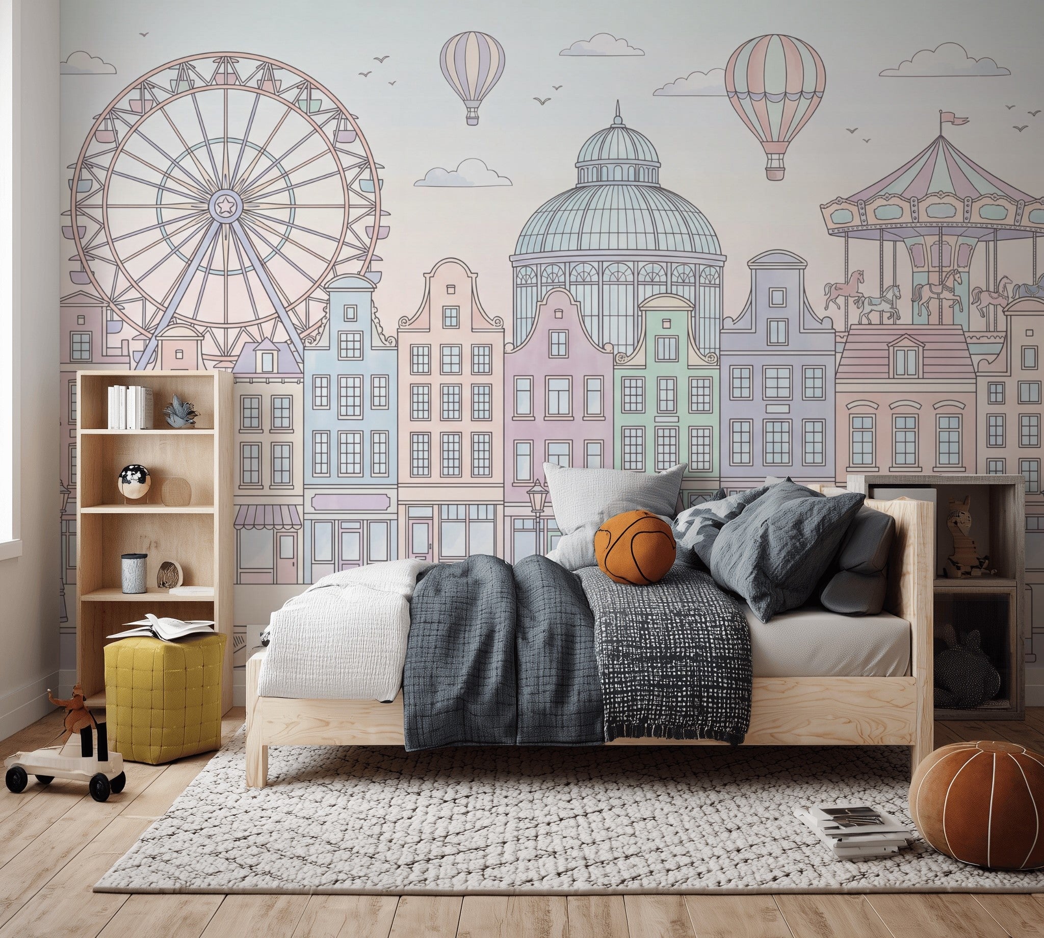 Pastel Şehir Manzaralı Poster Duvar Kağıdı Çocuk Odası Balonlu
