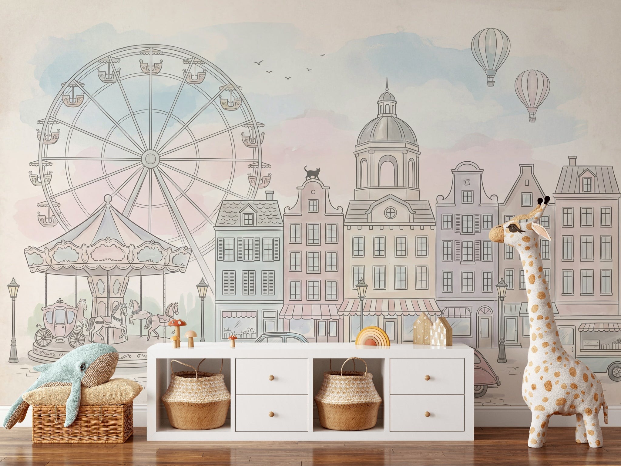 Lunapark Şehir Manzaralı Poster Duvar Kağıdı Pastel Çocuk Odası