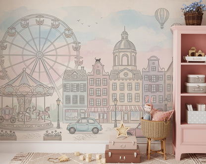 Lunapark Şehir Manzaralı Poster Duvar Kağıdı Pastel Çocuk Odası