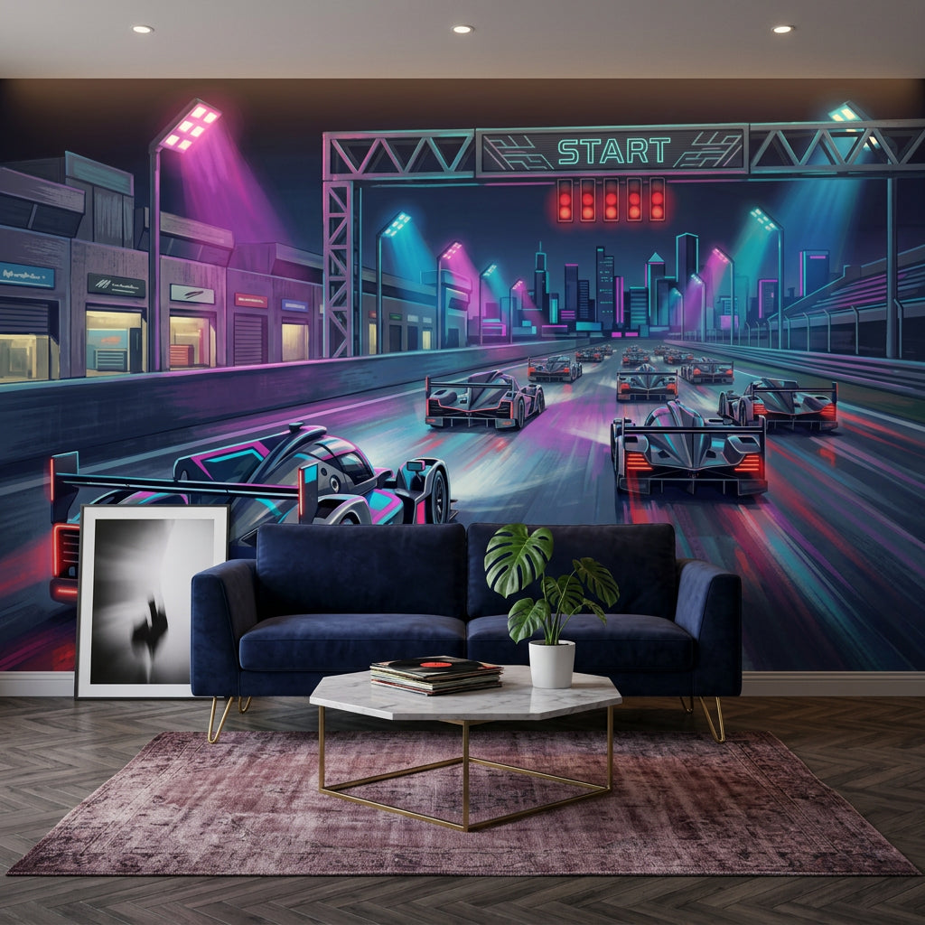Neon Yarış Pisti Poster Duvar Kağıdı Mor Mavi Şehir