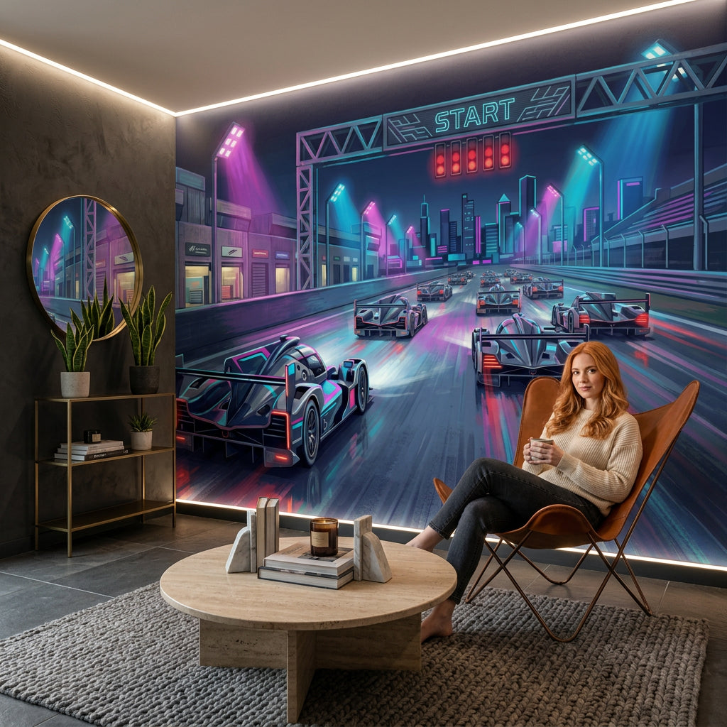 Neon Yarış Pisti Poster Duvar Kağıdı Mor Mavi Şehir