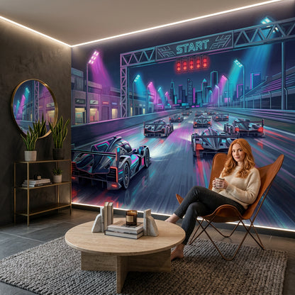 Neon Yarış Pisti Poster Duvar Kağıdı Mor Mavi Şehir