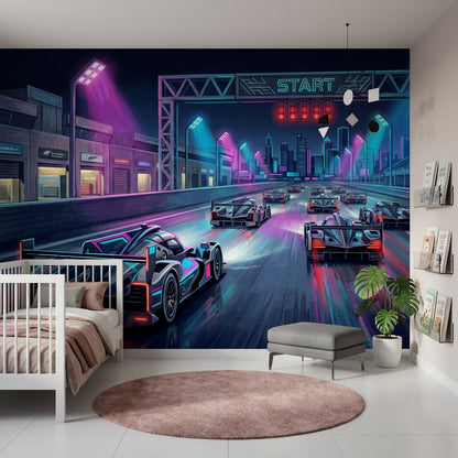 Neon Yarış Pisti Poster Duvar Kağıdı Mor Mavi Şehir