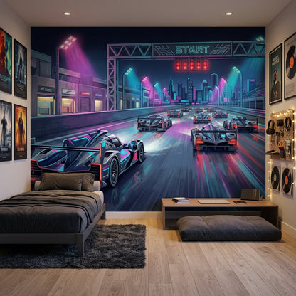 Neon Yarış Pisti Poster Duvar Kağıdı Mor Mavi Şehir