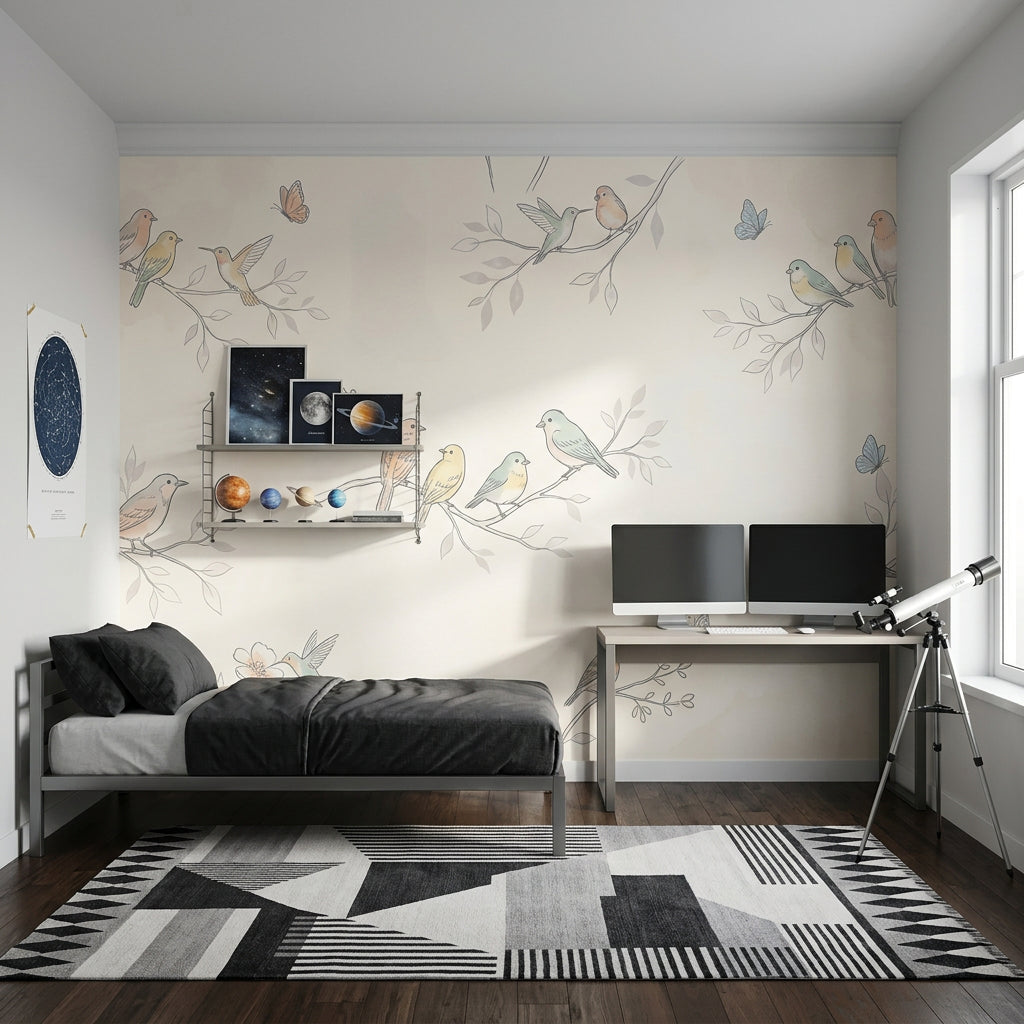 Pastel Kuşlu Poster Duvar Kağıdı Çocuk Odası Dal Desenli