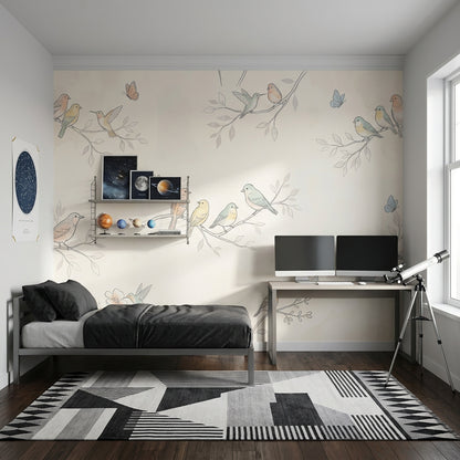 Pastel Kuşlu Poster Duvar Kağıdı Çocuk Odası Dal Desenli