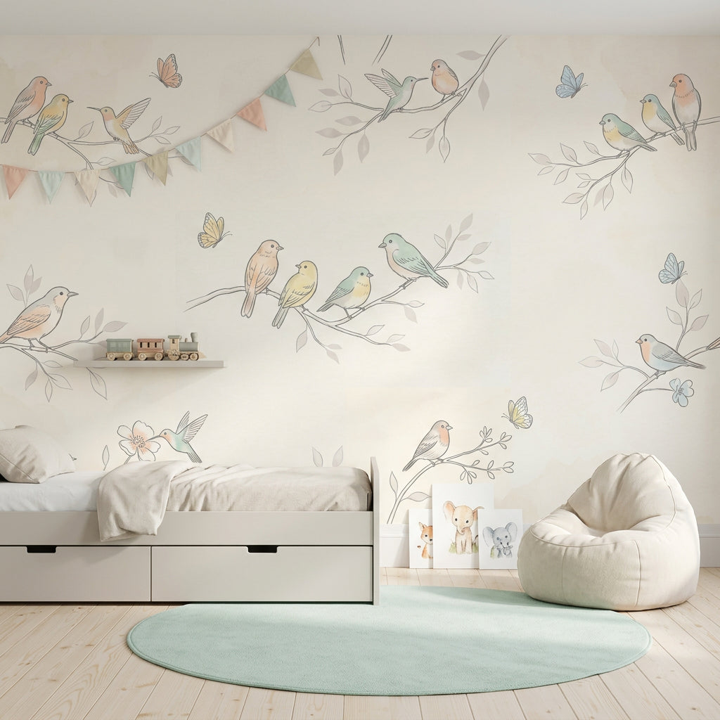 Pastel Kuşlu Poster Duvar Kağıdı Çocuk Odası Dal Desenli