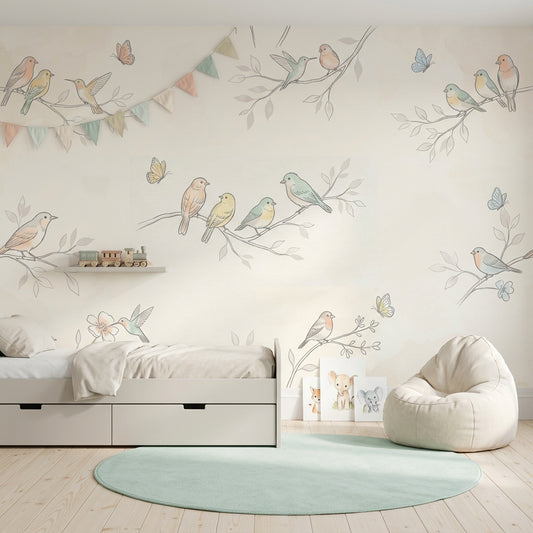 Pastel Kuşlu Poster Duvar Kağıdı Çocuk Odası Dal Desenli