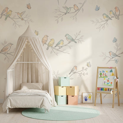 Pastel Kuşlu Poster Duvar Kağıdı Çocuk Odası Dal Desenli