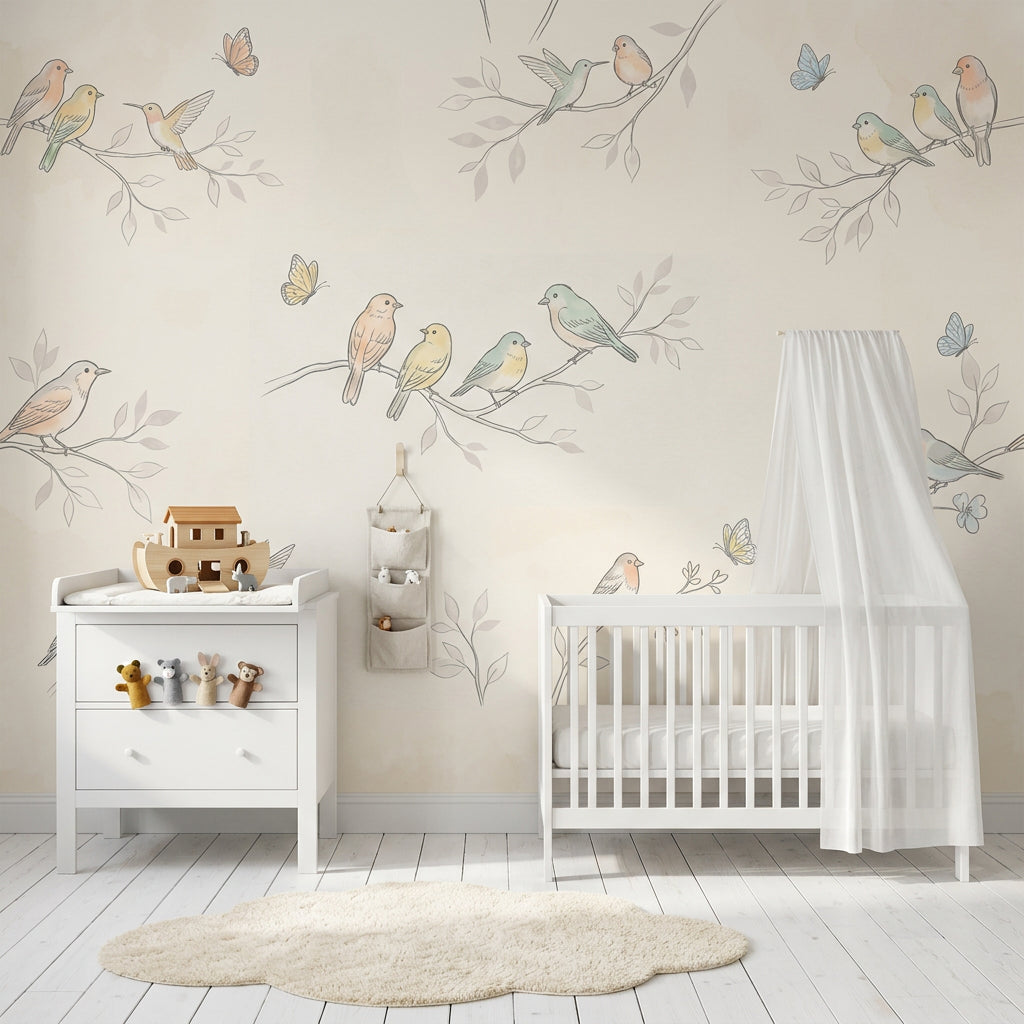 Pastel Kuşlu Poster Duvar Kağıdı Çocuk Odası Dal Desenli