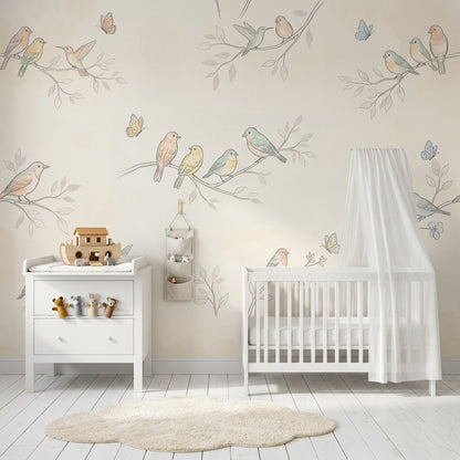 Pastel Kuşlu Poster Duvar Kağıdı Çocuk Odası Dal Desenli